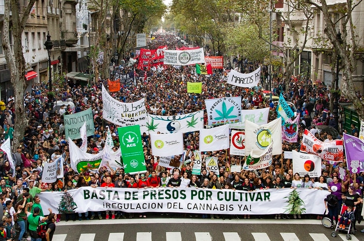Miles de personas marchan desde Plaza de Mayo hasta el Congreso en Buenos Aires para reclamar la regulación del cannabis en Argentina (Revista THC)
